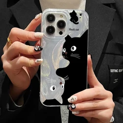 Cartoon Black Cat Phone Case For iPhone 17 16 15 Case iPhone 13 11 12 14 Pro Max 17 Air 7 8 Plus SE2 Silver Feather Shell Cover