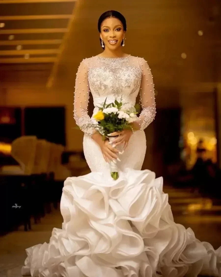 

Customized Arabic Aso Ebi Lace Luxurious Mermaid Wedding Dress Sheer Neck Crystals Pearls Beaded Tiers Long Sleeves Bridal Gowns