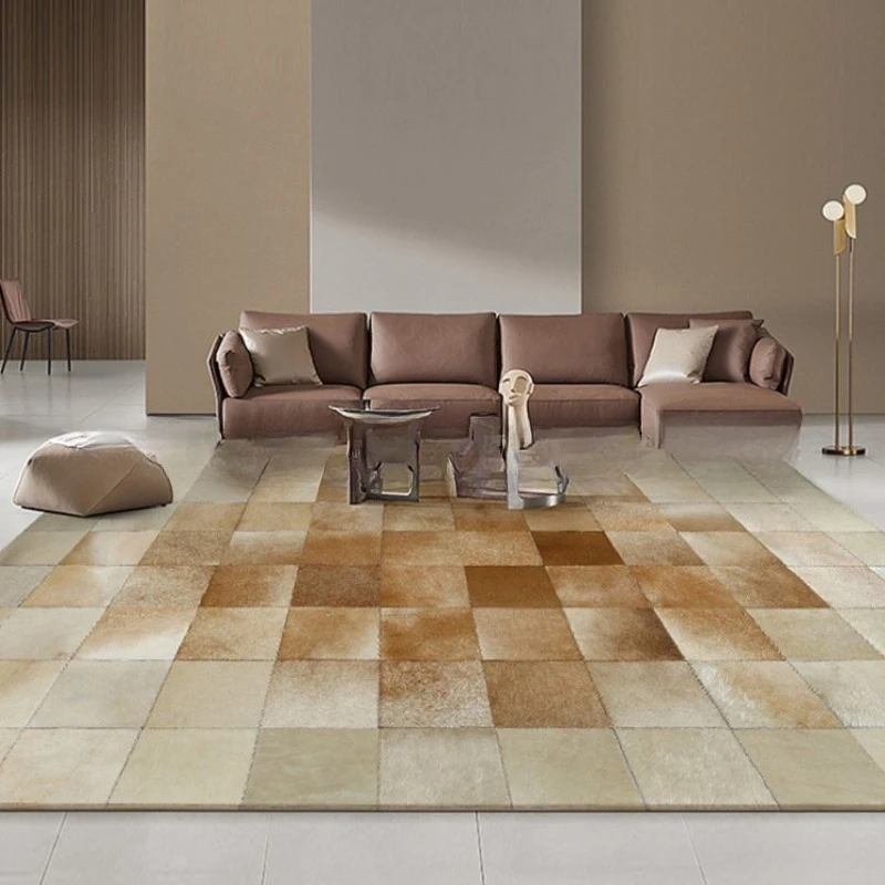 Modern light luxury high-grade cowhide splicing large plaid carpet gradually changes the living room coffee table mat