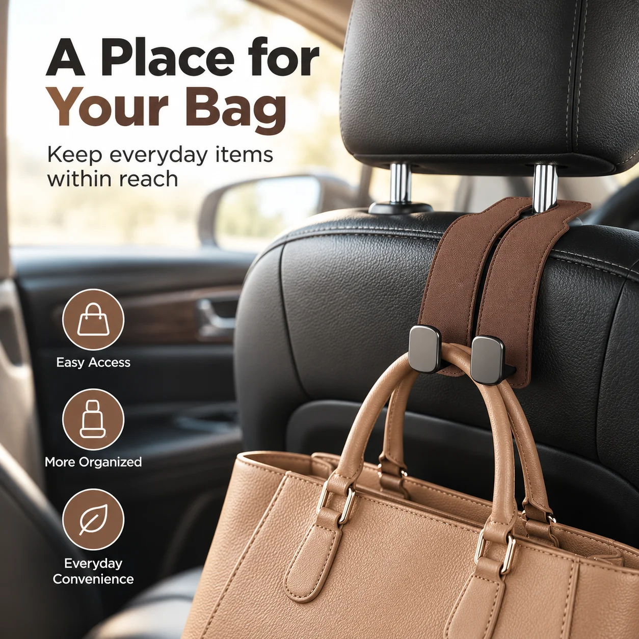 2/4Pack Car Seat Headrest Hooks, Modern Dual Hook Purse Holders with Leather Straps, Seat Back Storage Organizers