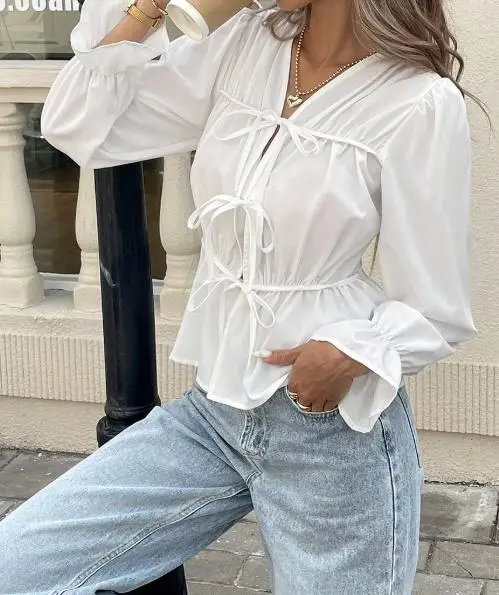 

Korean Popular Shirt Slim Fit Bow Tie Tied Chiffon Shirt for Women Elegant Solid Color V-Neck Cinched Lantern Sleeve Chiffon Top