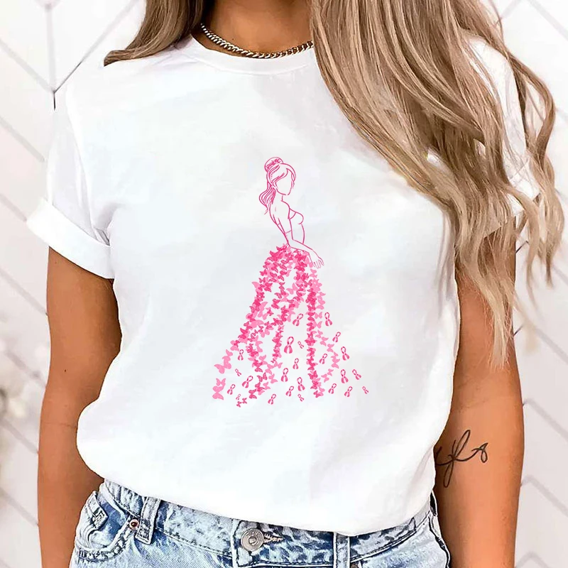 (High Quality Clothes)New Breast Cancer Awareness Graphic Print T-Shirt Women Fashion Round Neck Loose Tee Shirt Streetwear tops