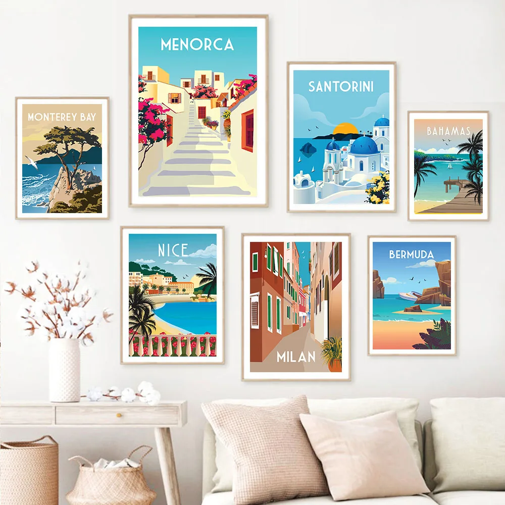 Póster de paisaje de viaje, España, Menorca, río francés, Santorini, lienzo impreso, arte de pared nórdico, imagen para sala de estar, oficina, decoración del hogar