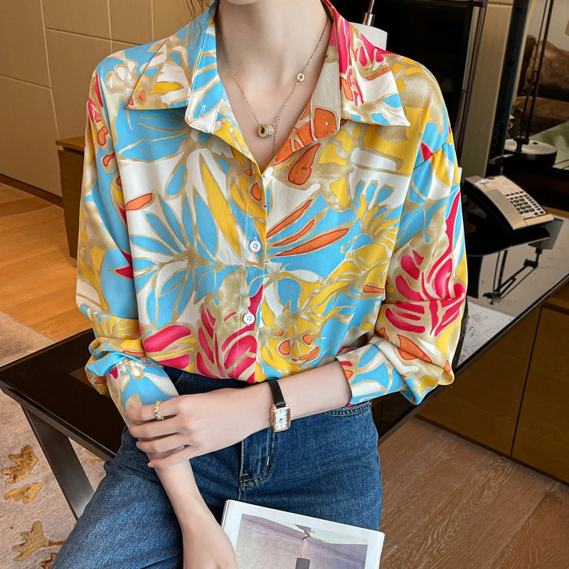 Women Spring Korean Fashion Loose Printing Chiffon Notched Long Sleeve Shirts Women Clothes Casual Simplicity All-match Tops