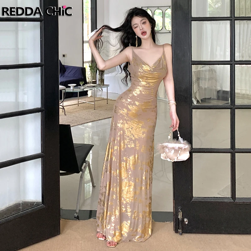 REDDACHiC Golden Draped Collar Evening Long Dress Women Sleeveless Open Back Strappy Elegant Camisole One-piece Prom Party Gown