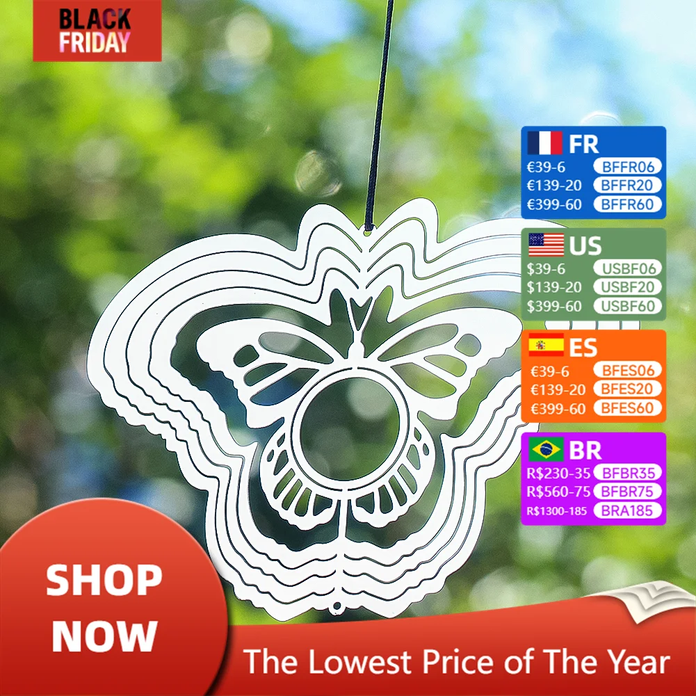 Butterfly Wind Spinner for Yard Garden Hanging Decor 3D Rotating Flowing Visual Effect Wind Chime Suncatcher Turn Bird Deterrent