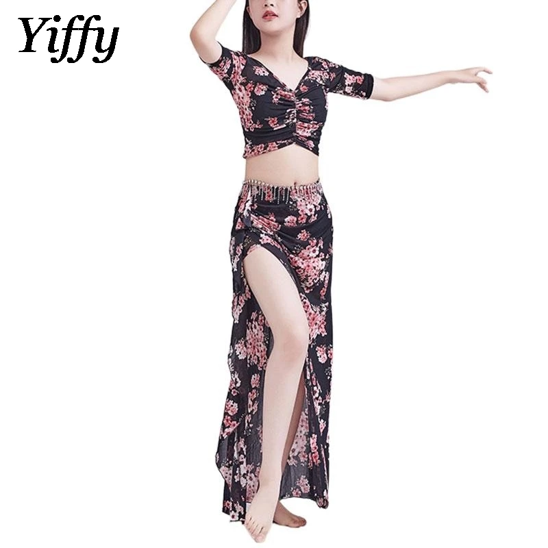 New Belly Dance Lesson Wear Set Lady Printed Fragmented Flower Training Suit Set Oriental Stage Performance Dancewear Outfit