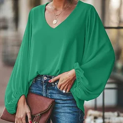Women Long Lantern Sleeve Chiffon Shirt Female V-Neck Blouse Large Size Loose Shirts Office Ladies Solid Casual Tops Clothing