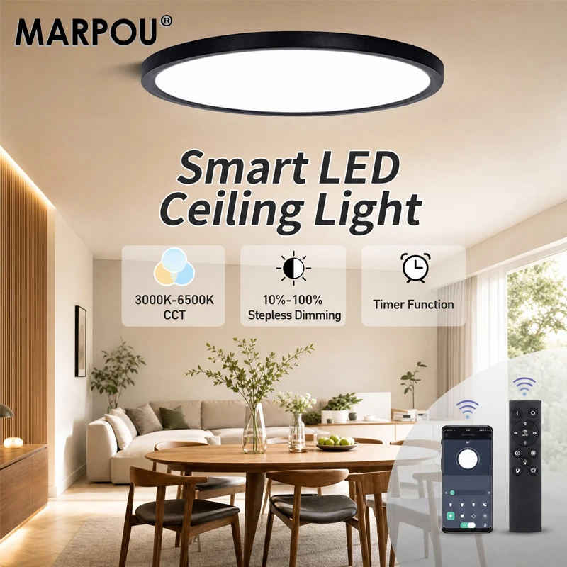 MARPOU Modern Round Flush Mount Lamp for Bedroom Living Room Smart LED Ceiling Light Ultra-Thin Remote APP Control  Dimmable