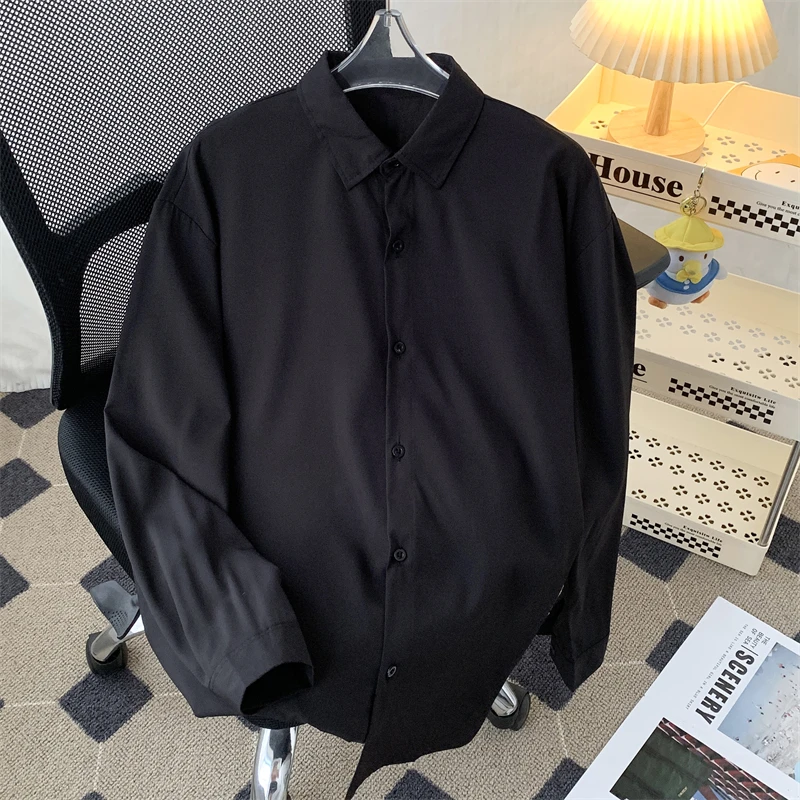 

Elegant Black Long Sleeve Men's Shirt Thin Draped Style Loose Fit Outerwear Autumn Season Fashion Youth Popularity Large Size