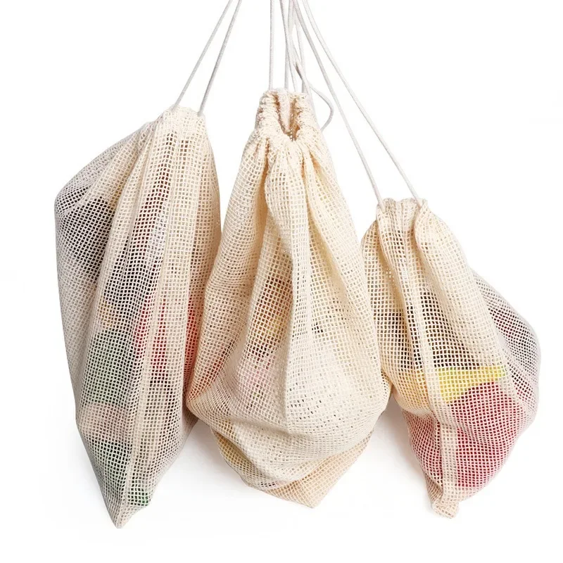 1PCS Reusable Cotton Mesh Production Bag Vegetable Fruit Food Kitchen Washable Mesh Storage Bag Eco-rope Bag Kitchen Organizer