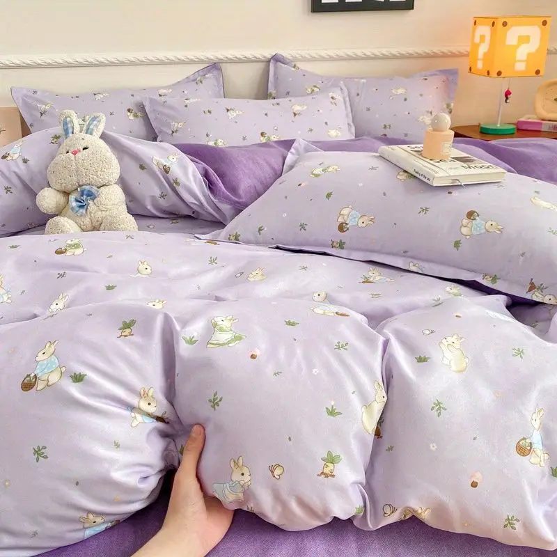Cute Rabbit Bedding Set Ins Style Floral Duvet Cover No Filler Pillowcases Flat Sheet Single Full Size Girls Bed Linens