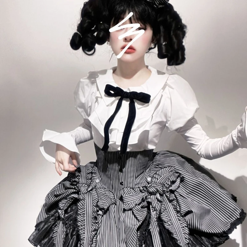 日本のゴシックダークロリータスタイルブラウス女性ヴィンテージフリルピーターパン襟取り外し可能な袖シャツ原宿 Y2k スリムトップ