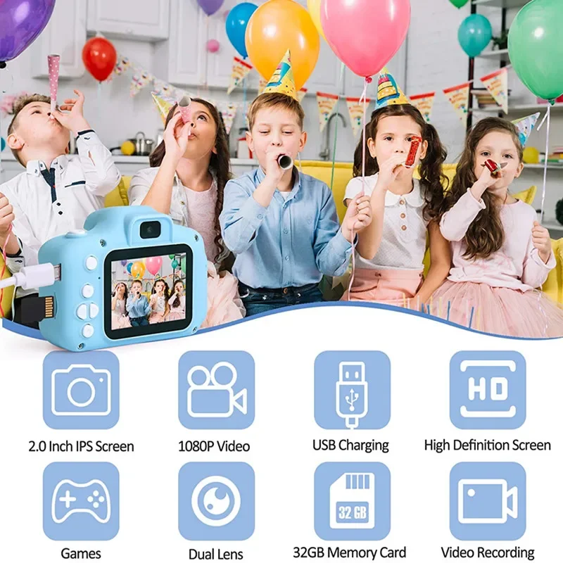كاميرا قطة رقمية لطيفة للأطفال صغيرة مع بطاقة TF بسعة 32 جيجابايت عالية الدقة وp 2 بوصة ألعاب تعليمية صور كاميرا IPS شاشة هدايا عيد ميلاد
