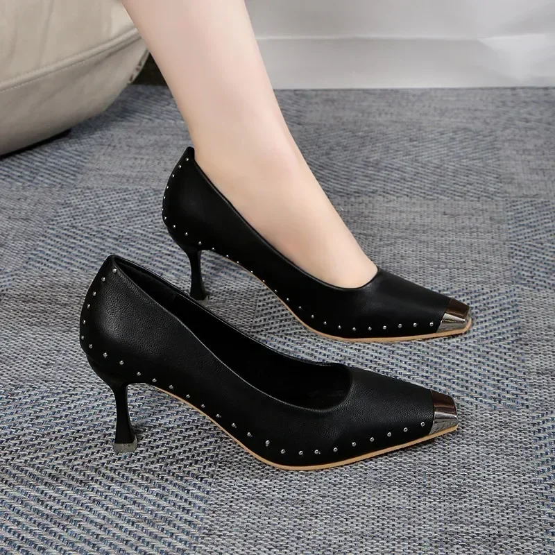 

Women's Sexy Studded High Heels Metal Toe Shallow Mouth Thin Heels Sexy Women Shoes Spring 2024 New Autumn Banquet Fashion Heels