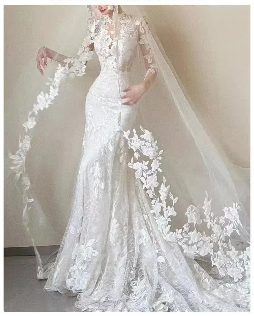 Jane Eyre فستان زفاف حورية البحر مزين حسب الطلب بأكمام طويلة ورقبة على شكل حرف v بدون ظهر فساتين زفاف لحفلات الزفاف فيستدو نوفيا