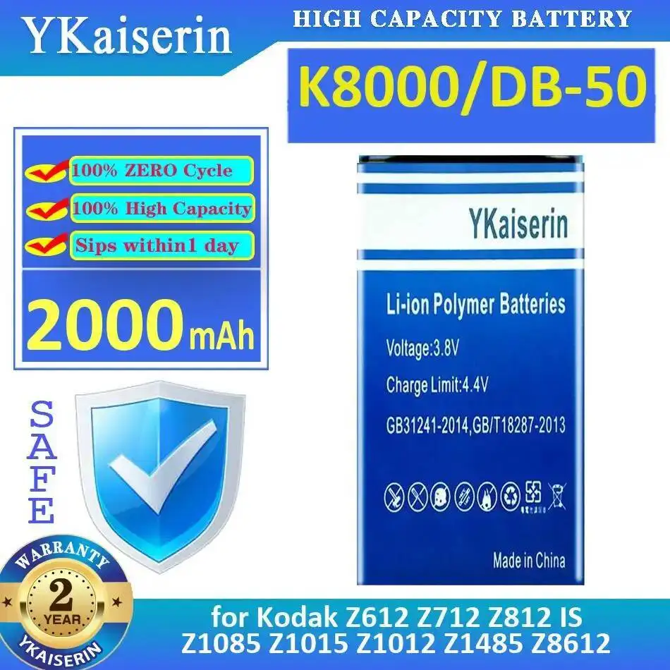 

2000Mah K8000 DB-50 For Kodak Z612 Z712 Z812 IS Z1085 Z1015 Z1012 Z1485 Z8612 Camera Long-Lasting Performance Battery