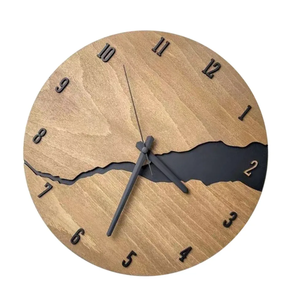 12Inch Diameter Wooden Wall Clock Non-Ticking Mechanism Simple Design Large Wall Clock Cracked Wood Texture Round Shape