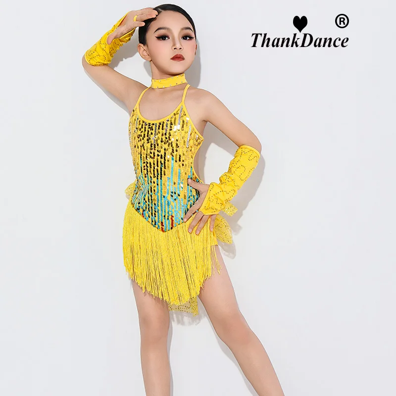 Performance Samba Tassel Latin Dancewear Costumes Girls Salsa Ballroom Fringe Sequins Latin Dress For Girls Kid Latin Dance