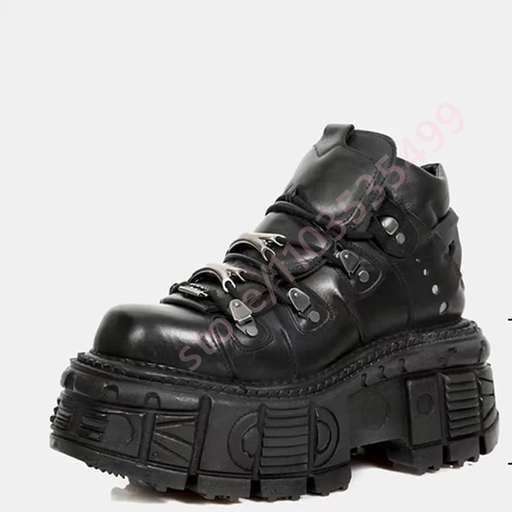 

Спортивная повседневная обувь в стиле панк с металлическими заклепками, осень 2023, новые короткие ботинки на шнуровке Street Rock, модные ботильоны с круглым носком на толстой подошве