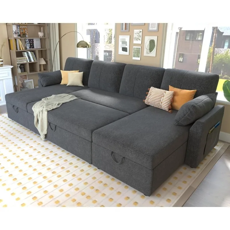 Oversized Sleeper Sofa 110 Inch 2 in 1 Pull Out Bed Sectional Couch with Storage Chaise Grey Linen