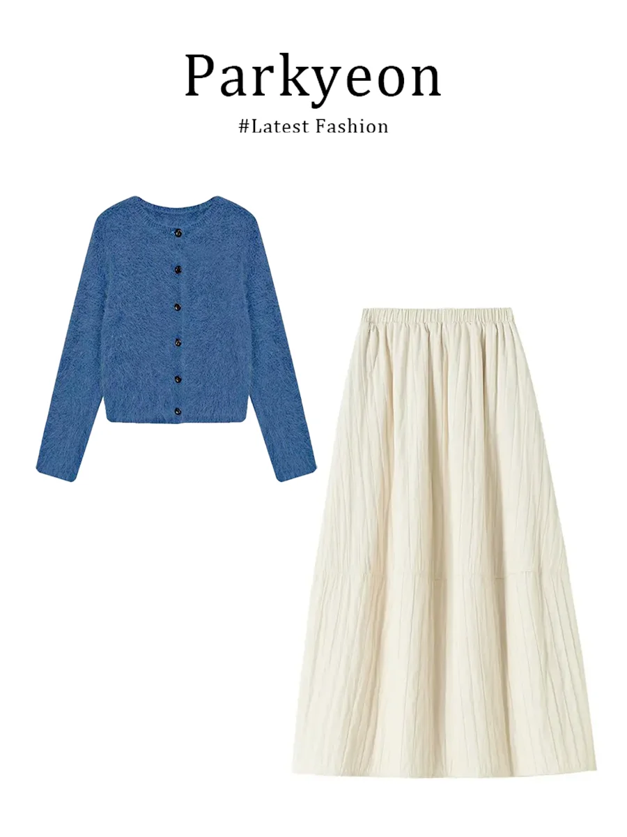 

Parkyeon Winter New Klein Blue Vintage Style Sweater And Skirt Set Fashionable Versatile Long Sleeve round Neck Zipper C...