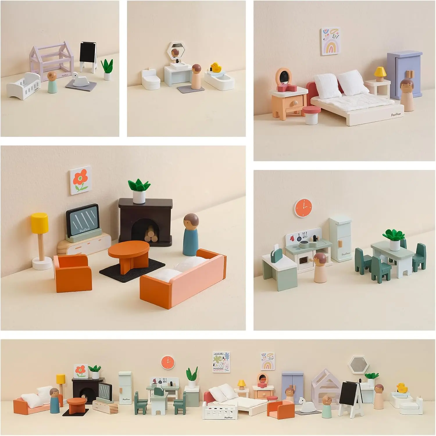 Juego de muebles para casa de muñecas de madera, muebles para muñecas de 56 piezas con 5 kits de habitaciones, dedos de juego, muebles en miniatura para casa de muñecas, Pl de simulación