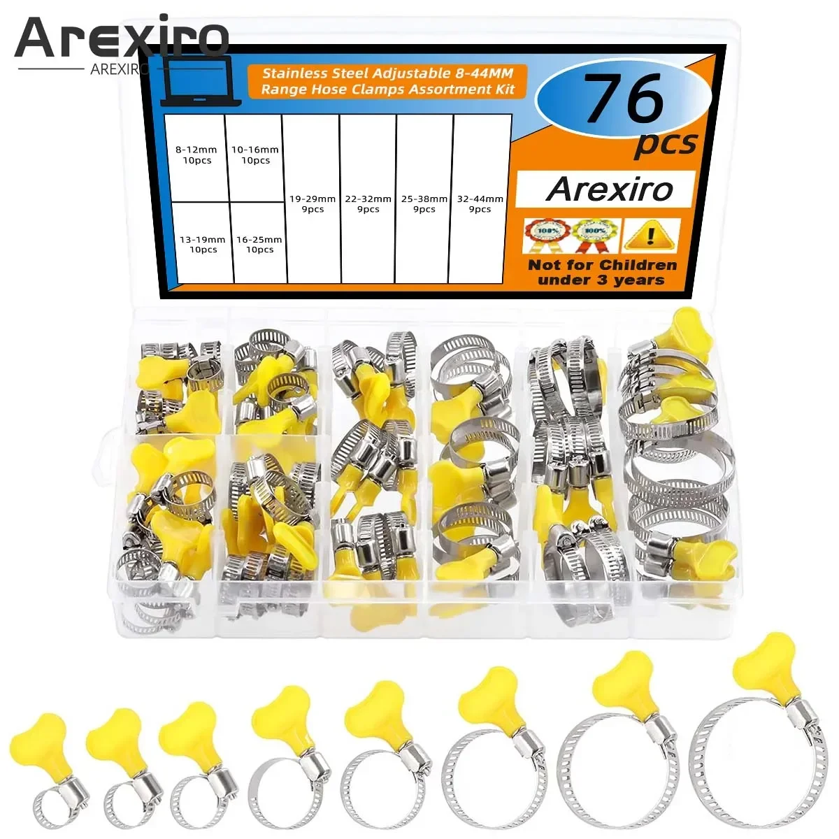 76pcs Worm Gear Hose Clamp Kit with Yellow Plastic Handle, Stainless Steel Adjustable Pipe Clamp for Water Gas Hose