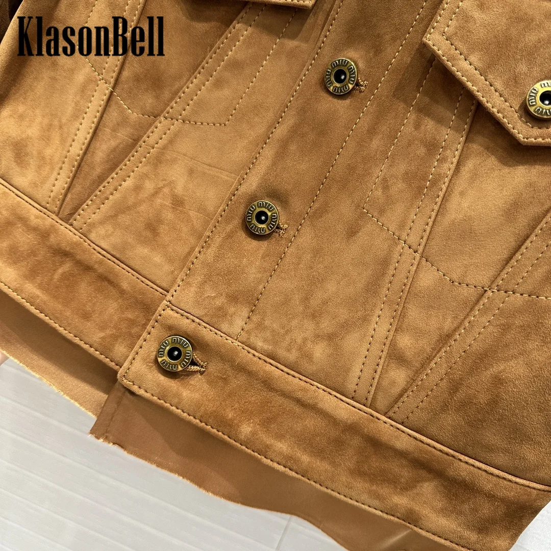 7.11 KlasonBell Letter Embroidery Vintage Kid Suede Lapel Short Jacket For Women Frayed Spliced Sheepskin Straight Outerwear