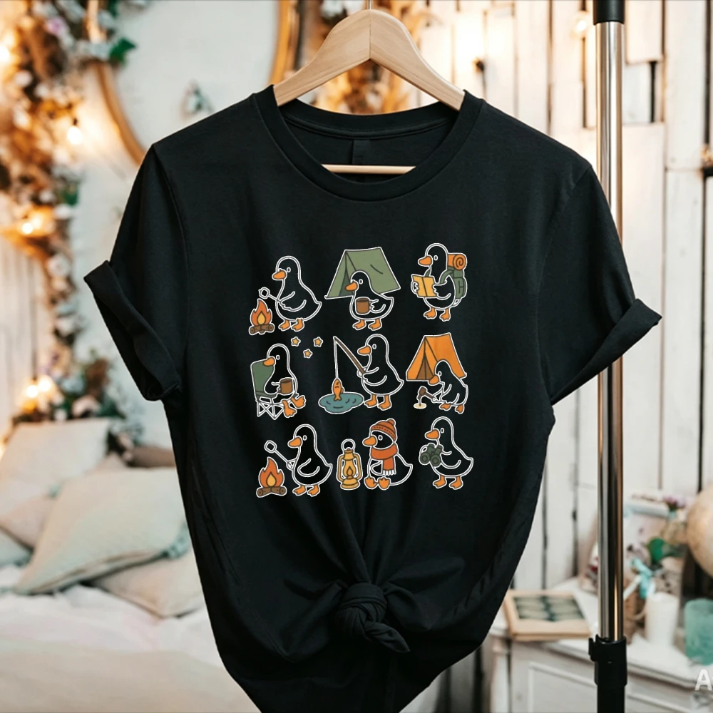 Cute Cartoon Camping Duck Graphic Cotton T Shirt Women Outdoor Casual Camper Short Sleeve Tee Kawaii Clothes Harajuku Shirt Tops