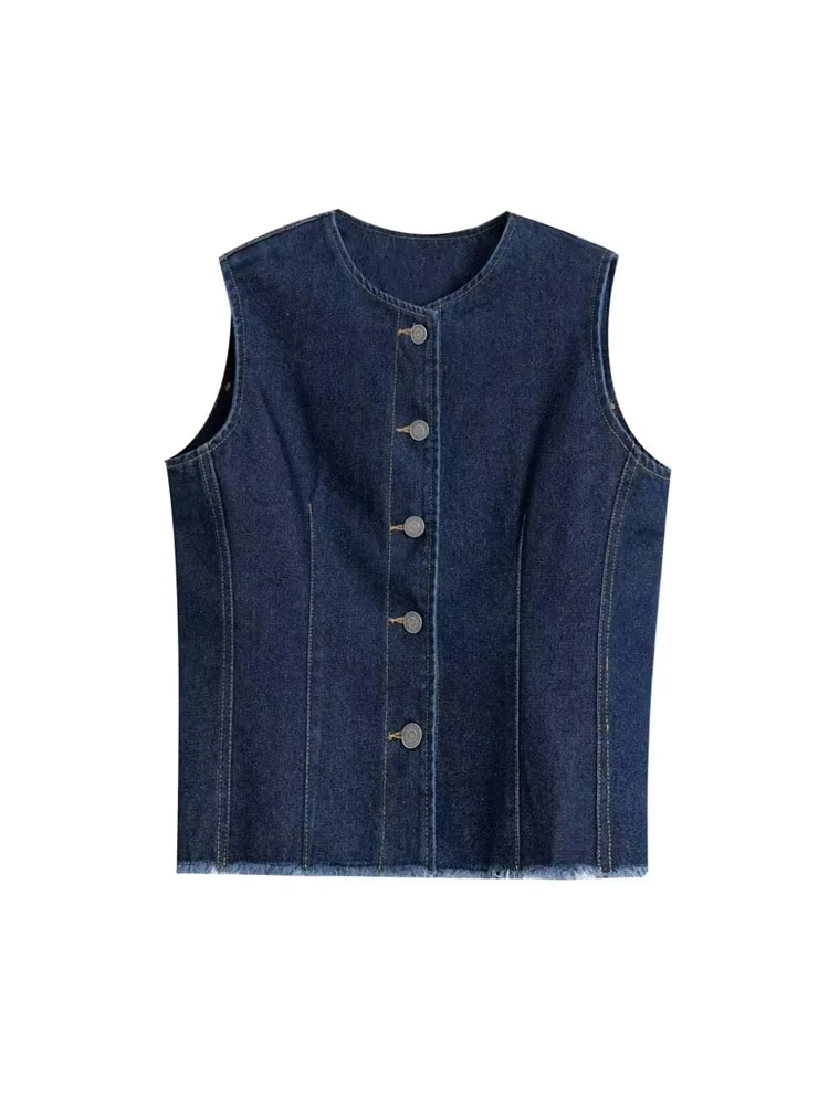

GELITAYIN TRZA-Women's Front Button Frayed Trims Denim Waistcoat, O Neck, Sleeveless Vest, Female Outerwear, Chic Tops, Fashion