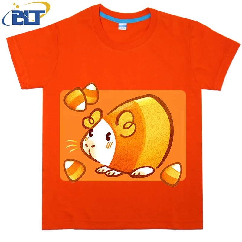 T-shirt de manga curta de algodão para menino e menina, top casual de manga curta, laranja estampado, cobaia, verão