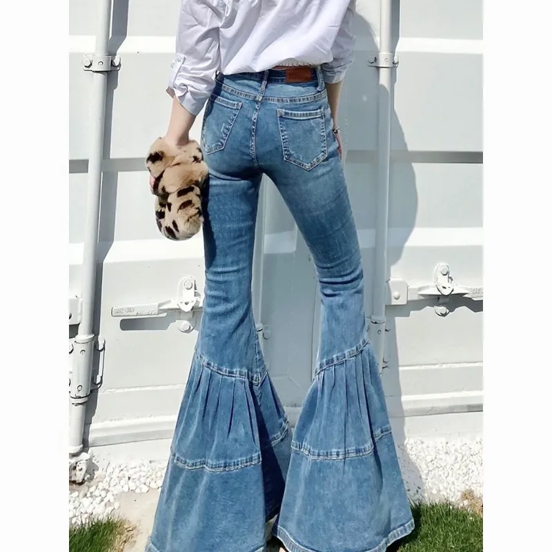 2026 Spring and Autumn Women's Retro High Waist Splicing Loose Slim-fit Wide Leg Denim Pants