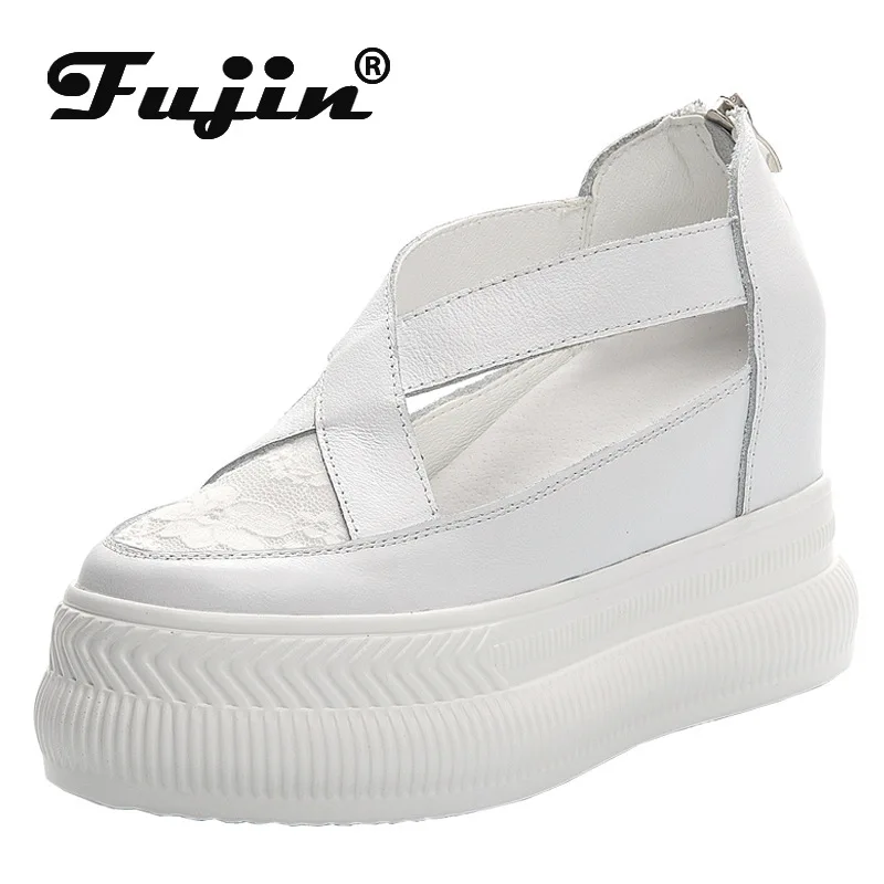 Fujin 10cm Genuine Leather Sandals Shoes Women Summer Platform Wedge Heel Summer Shoes Beach Sneakers Leather Gladiator Sandals