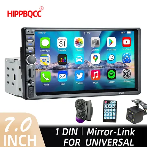 HIPPBQCC 차량용 라디오 MP5 멀티미디어 플레이어, 터치 스크린 FM ISO 전원 보조 입력, 블루투스 USB 미러 링크 오토라디오, 7 인치, 1 딘