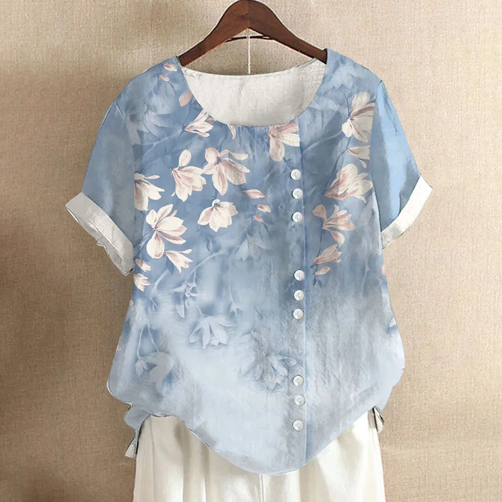 

2026 New Women's Casual Blouse Loose Fit Crew Neck Short Sleeve Floral Print Top for Office Dating Daily Wear