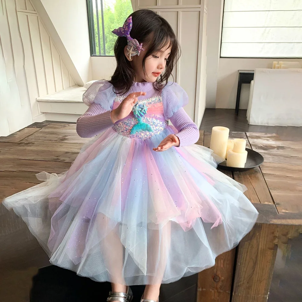 Autumn Winter Girl Lace Purple Plus Velvet Knit Dress Tulle Baby Kid Party Ball Wedding Princess Girls Red Christmas Party Skirt