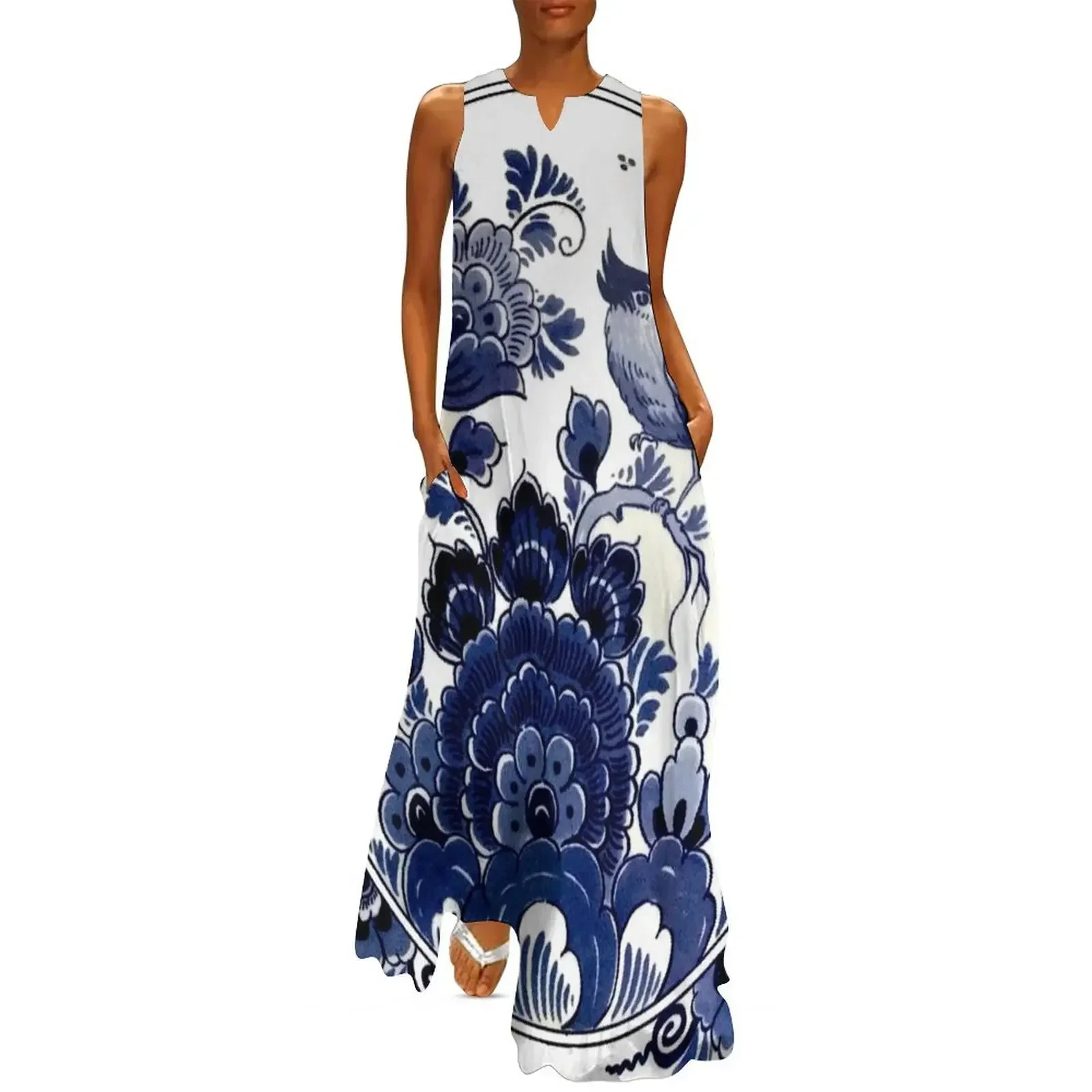 

DUTCH BLUE DELFT : Vintage Blue Bird and Flowers Print Long Dress Women's summer long dress Dress