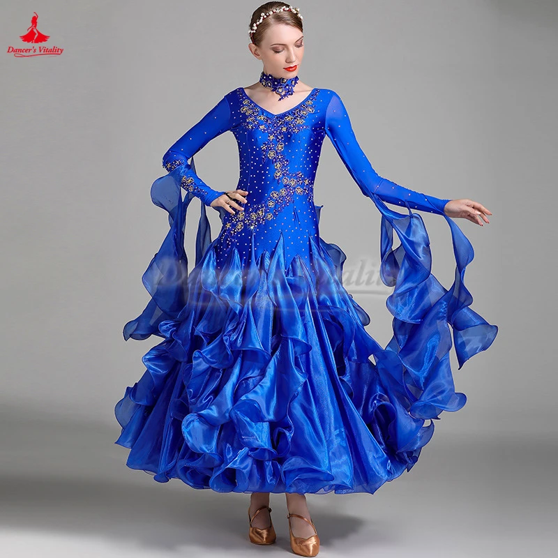 The New Style Ballroom Dance AB Stones Long Sleeves Dresses with Necklace Female Waltz Foxtrot Quickstep Competition Clothing