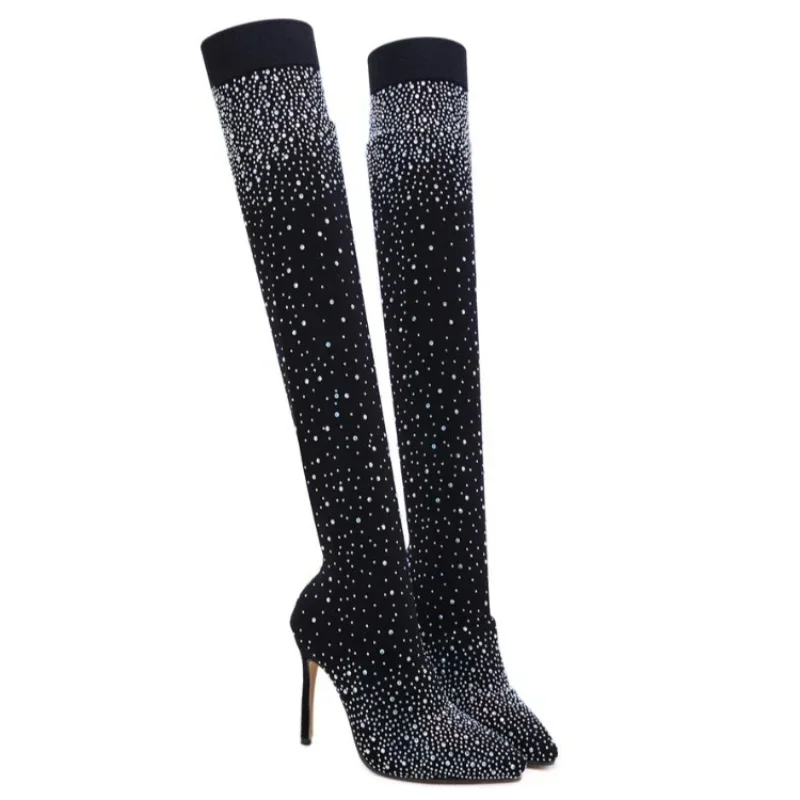 Sexy Over-the-Knee Boots for Women Stretch Female Sock Boots Rhinestone Female High Heels Luxury Ladies Shoes Long Botas Mujer