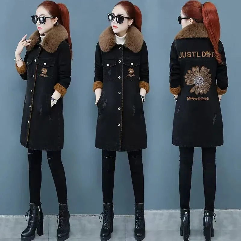 Fur-necked Denim Coat Female Plus Velvet Thickening Long Denim Clothes Autumn And Winter In 2024 Cotton-padded Warm Trench Coat