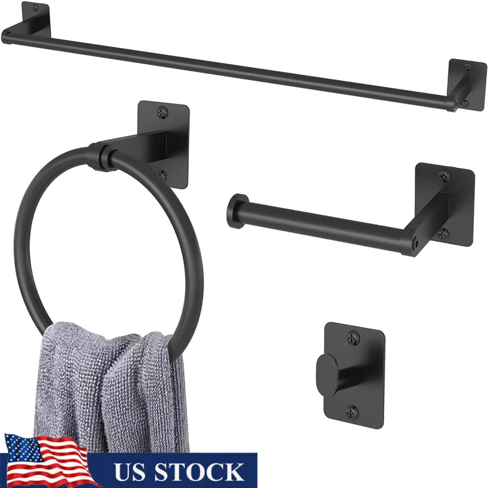 

Matte Black Bathroom Accessories Set 4 Pieces Towel Bar Ring Paper Holder Robe Hooks Wall Mount Bathroom Decor