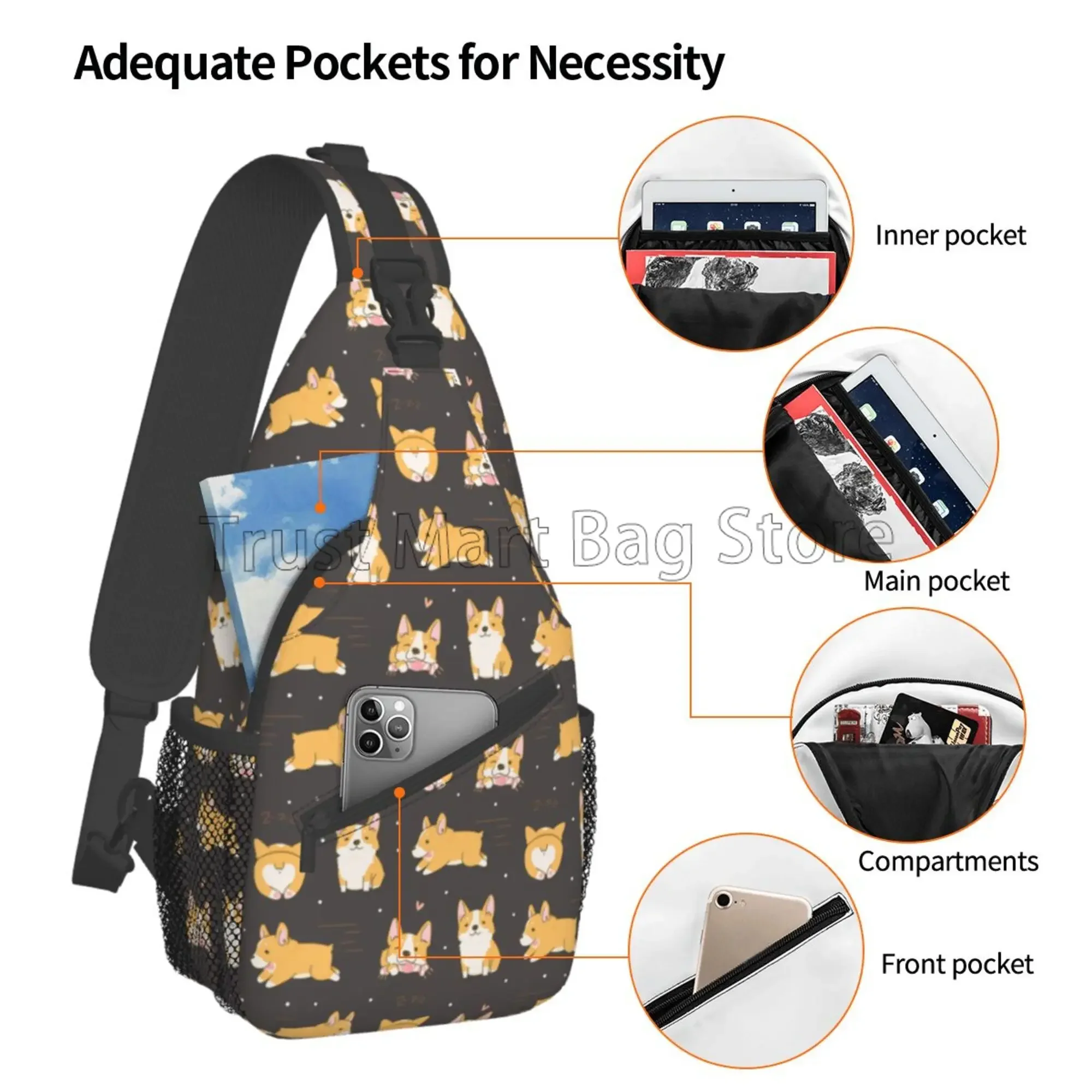Bonito dos desenhos animados corgi cão estilingue mochila unisex macio sacos de peito crossbody daypack para viagens caminhadas acampamento casual bolsa ombro