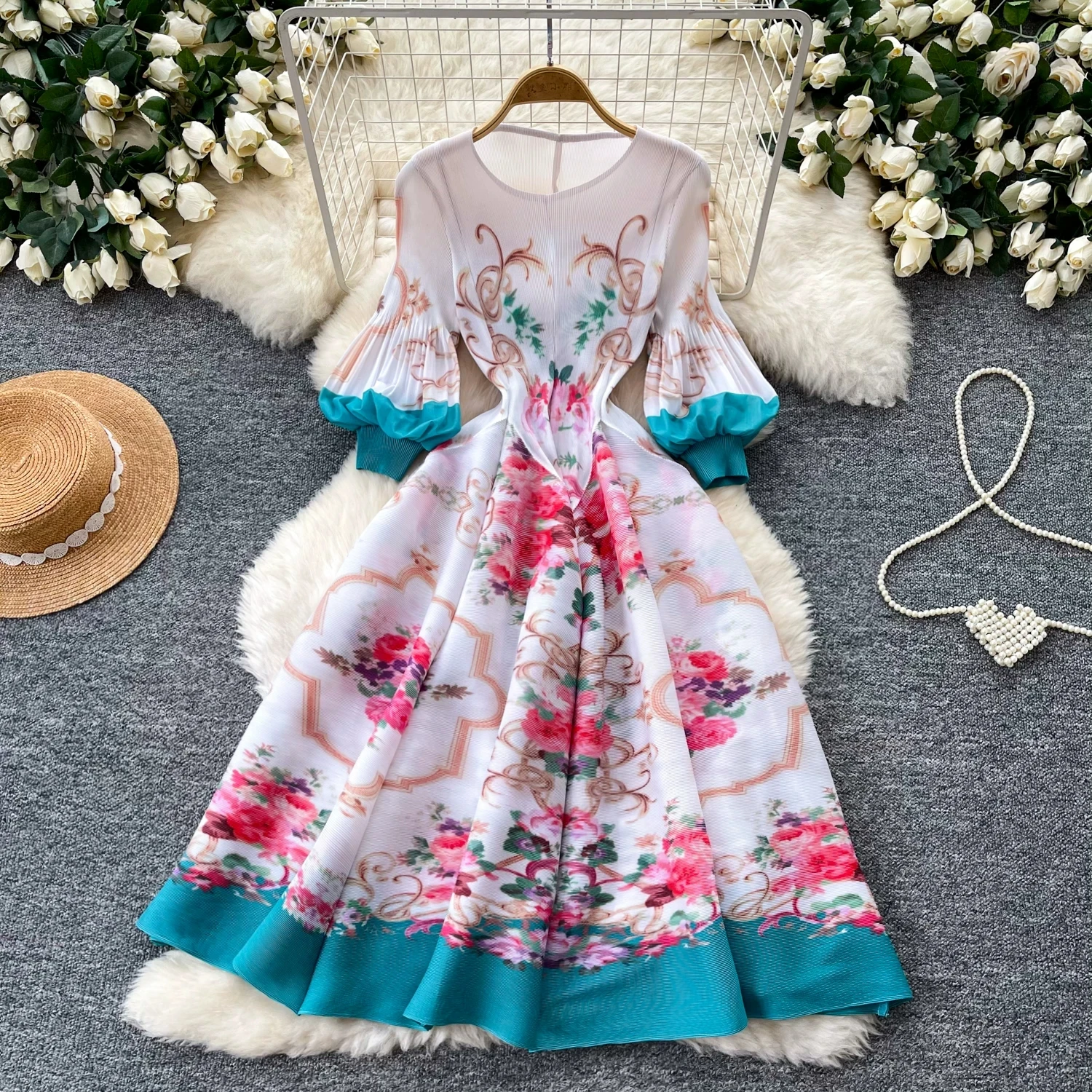 

Women's Spring Summer Floral Print Ruched Long Dress Beach Vacation Fairy Style Platycodon French Dress