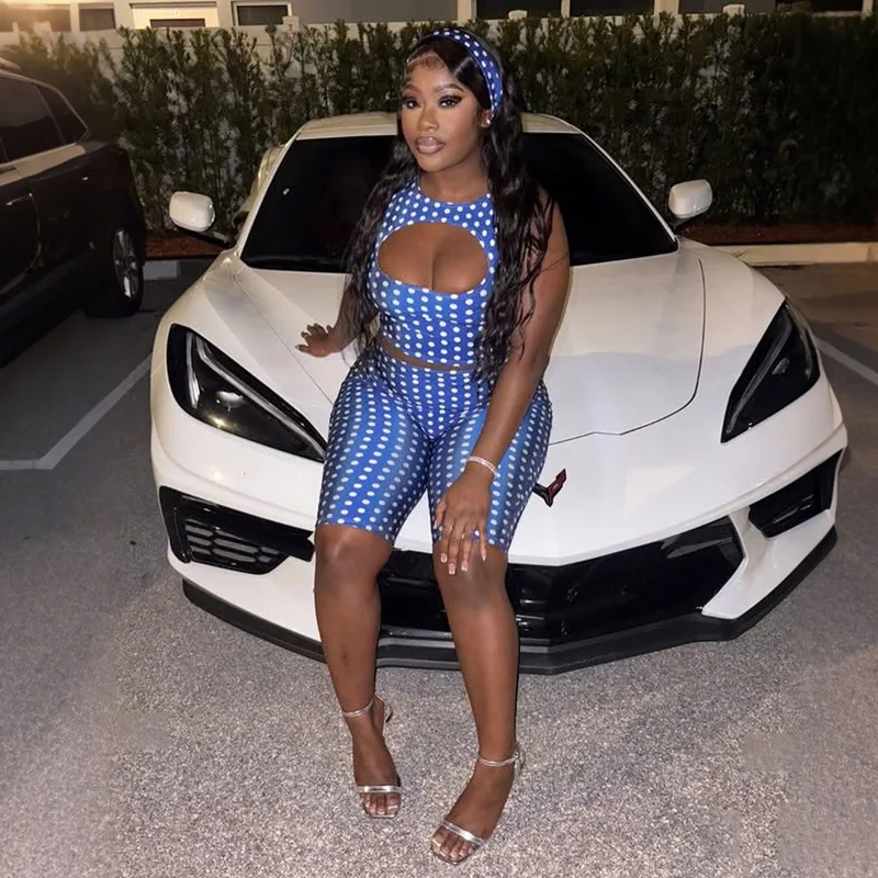 STYLISH LADY Polka Dot Bodycon Two Piece Outfit 2026 Summer Women Low Cut Sleeveless Crop Top And Biker Shorts Set Clubwear