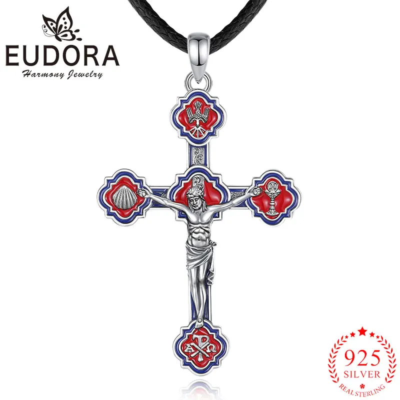 

Ожерелье с крестом Eudora с распятием, стерлинговое серебро 925 пробы, красная эмаль, кулон с Иисусом, христианские украшения, религиозный подарок для женщин и мужчин