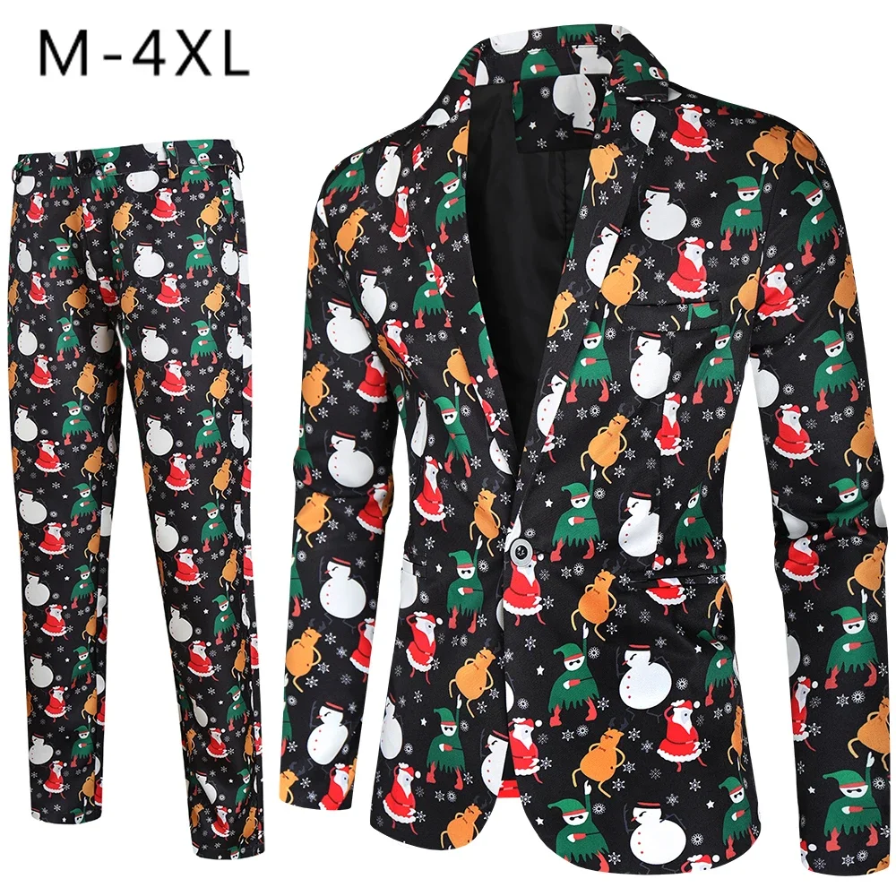 (Blazer + Pants ) Large Size Christmas Cartoon Print Costume Homme 2 Pieces Prom Stage Party Dress Up Slim Fit Men Suits Sets