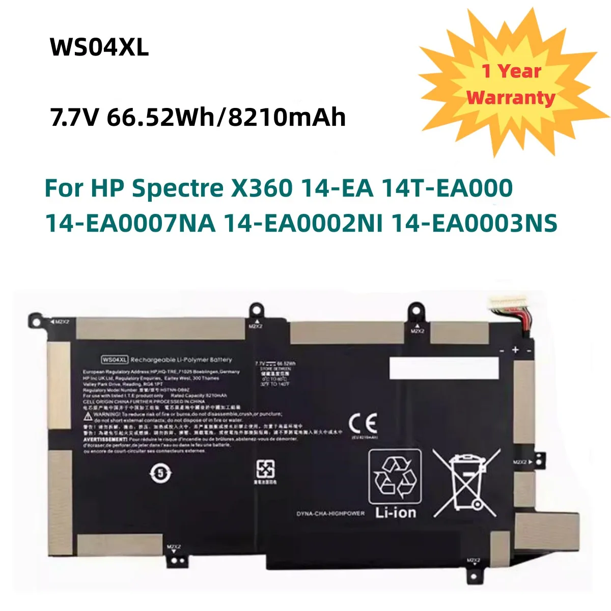 

7.7V 66.52WH WS04XL Laptop Battery for HP Spectre X360 14-EA 14T-EA000 14-EA0007NA 14-EA0002NI 14-EA0003NS L97352-2D1 L97357-005