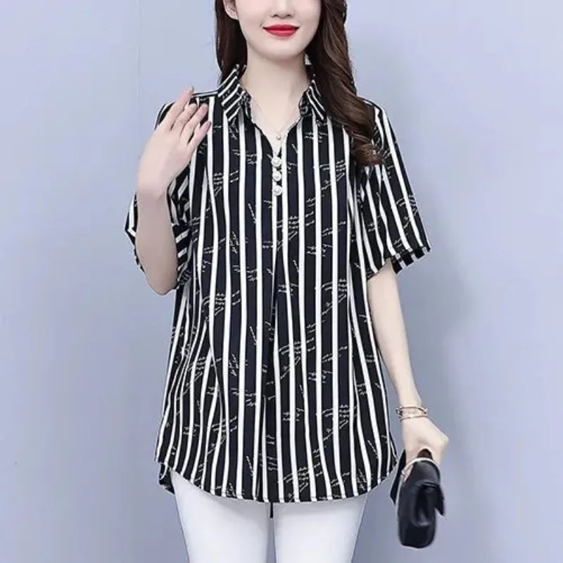 

Korean Office Lady Summer New Shirts Women Polo Collar Button Striped Simplicity Versatile Loose Short Sleeve Mid-length Tops