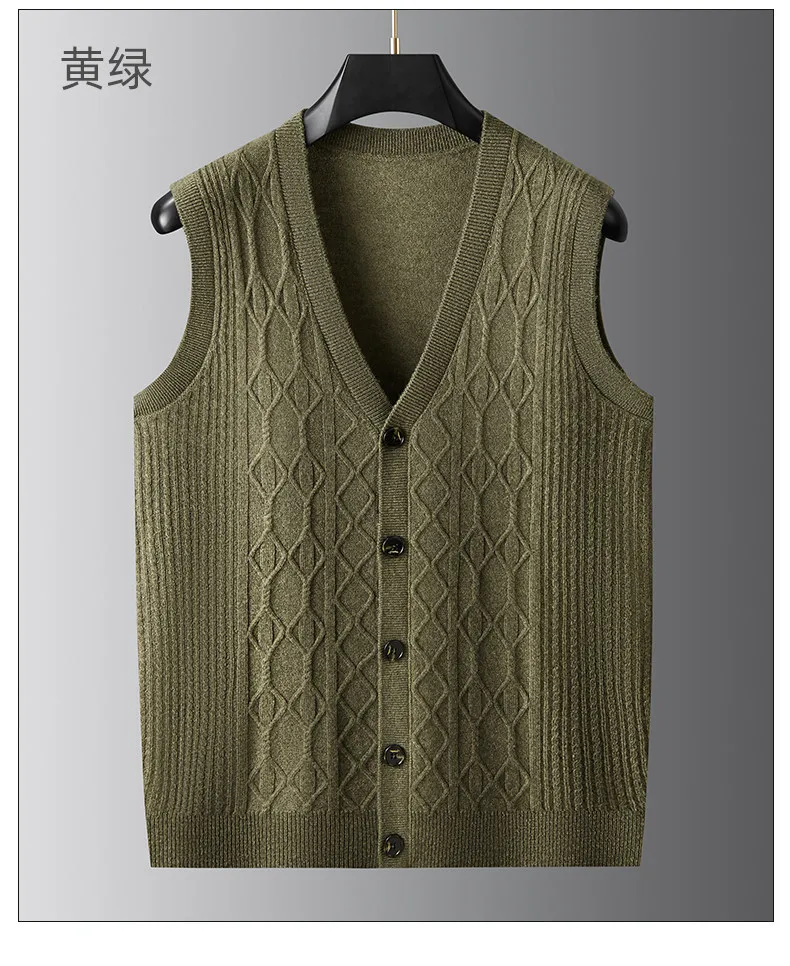 Autumn and winter men's knitted cardigan vest Grandpa sleeveless pure sweater thick needle vest sweater view 4